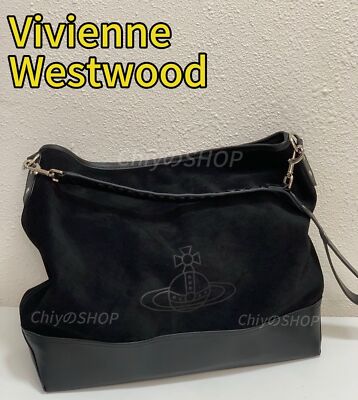 Vivienne Westwood Shoulder Tote Bag Black Suede Orb Logo Leather Strap Bargain