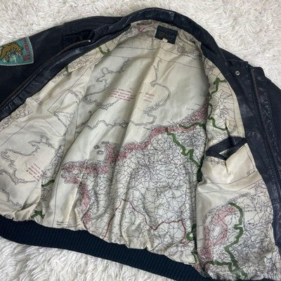 Avirex A-2 Vintage World Map Leather Flight Jacket Patchwork Black Size L