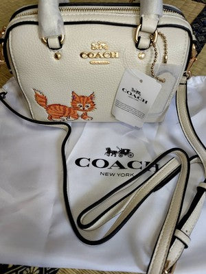 COACH MINI Rowan Satchel Dancing Kitten Cat Print Crossbody Bag Chalk New CD445