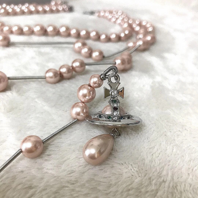 Vivienne Westwood Necklace Pink Silver Broken Pearl Necklace Drop Orb with Box