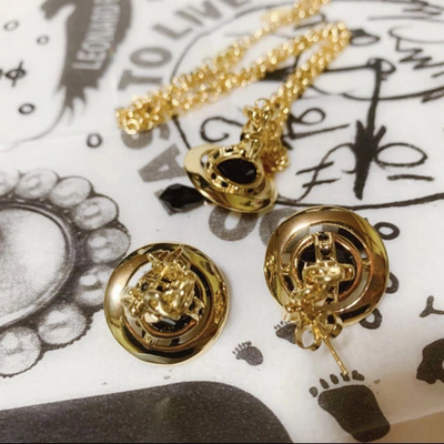 Vivienne Westwood Crystal Drop Earrings Petit Orb Necklace Set Black Gold No box