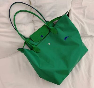 Longchamp S-L size Tote Bag Handbag  Nylon bag Zipper bag Green Leather