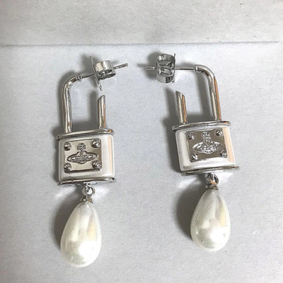 Vivienne Westwood Orb Earrings, Teardrop Pearl, Enamel, Silver, Padlock Motif