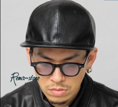 57-62cm American Retro Leather Flat Brim Hat Jet Cap Black 2024