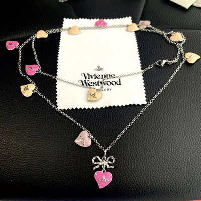 Vivienne Westwood Ribbon Orb Necklace Long Heart Silver Pink Chain 90cm Boxed