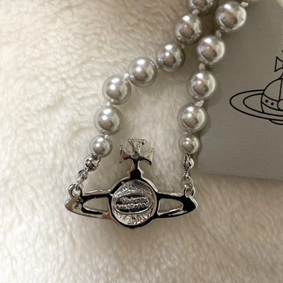 Vivienne Westwood Orb Motif Choker Necklace Gray Pearl Silver Box included
