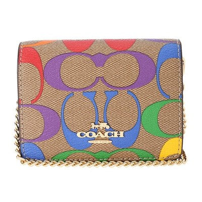 COACH Signature coin case chain mini wallet brown OUTLET Rainbow Leather