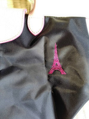 Longchamp M size Tote Bag Handbag Eiffel Tower Embroidery Black Leather
