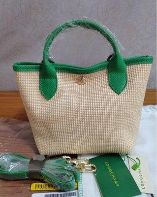 Longchamp S size Tote Bag Hand bag Top Handle Bags Green Leather Cotton