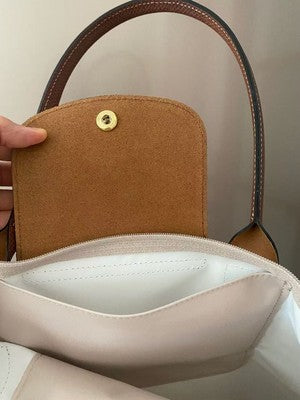 Longchamp S-L size Tote Bag Handbag Zipper bag White and Brown Leather