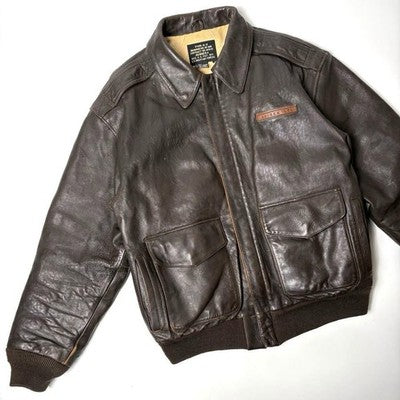 VTG Avirex A-2 Bomber Flight Leather Jacket S Brown Patrouille de France 1988