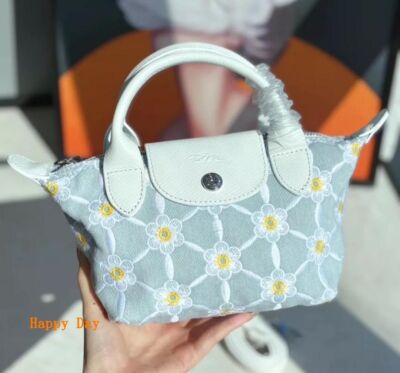 Longchamp XS size Tote Bag Handbag Shoulder bag Light blue Leather Cotton