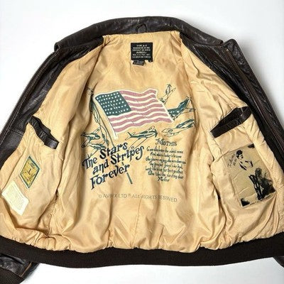 VTG Avirex A-2 Bomber Flight Leather Jacket S Brown Patrouille de France 1988