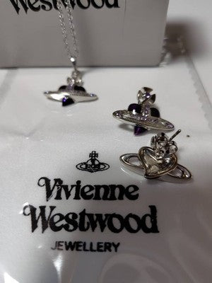 Vivienne Westwood Necklace & Earrings Set, Heart Orb Diamante, Silver, Purple