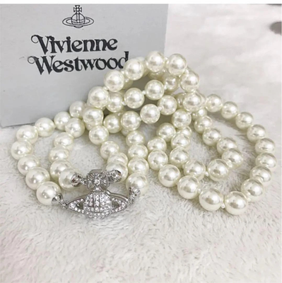 Vivienne Westwood Double-Strand Pearl Orb Choker Necklace, Silver, No Box