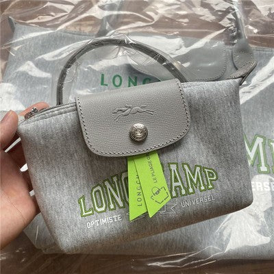 Longchamp S size Tote Bag Hand bag Handle Bag Pouch Gray Cotton Leather