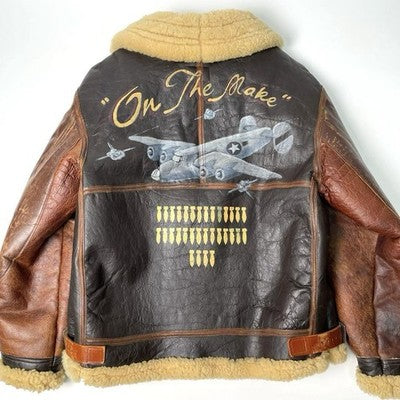 AVIREX B-3 Painted Shearling Jacket Real mouton flight jacket 44 Bomber Brown