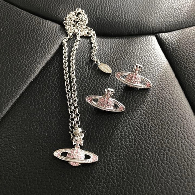 Vivienne Westwood Minibus Relief Orb Silver Pink Necklace Earrings Set No box