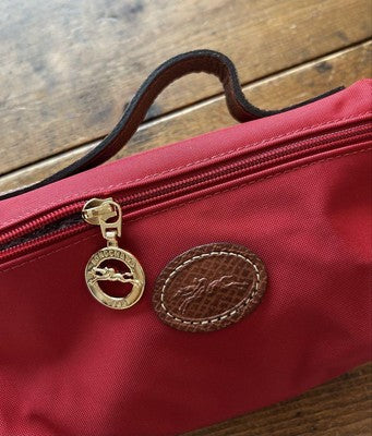Longchamp Tote Bag Handbag Pouch with handle Zipper Bag Red/beige Leather