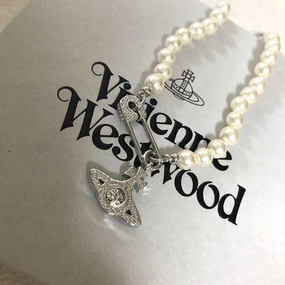Vivienne Westwood Orb Motif Bass Relief Pearl Safety Pin Necklace Choker Silver