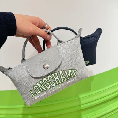 Longchamp S size Tote Bag Hand bag Handle Bag Pouch Gray Cotton Leather