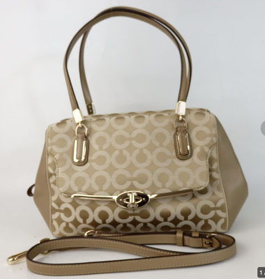 Coach Madison Signature Op Art Beige Canvas Top Handle Satchel Shoulder Bag