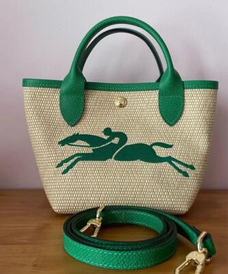 Longchamp S size Tote Bag Hand bag Top Handle Bags Green Leather Cotton