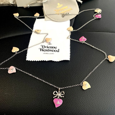 Vivienne Westwood Ribbon Orb Necklace Long Heart Silver Pink Chain 90cm Boxed