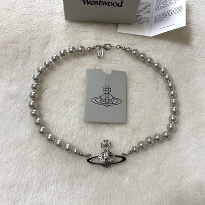 Vivienne Westwood Orb Motif Choker Necklace Gray Pearl Silver Box included