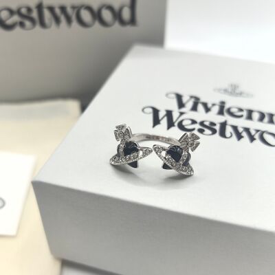 check description Vivienne Westwood Planet Double Heart Open Ring Adjustable