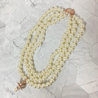 Vivienne Westwood 3-strand necklace, orb motif, drop pearl, pink gold, total49cm