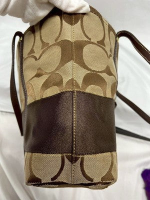 COACH Tote Bag  Brown Beige Canvas Leather Signature Handbag Large Leather