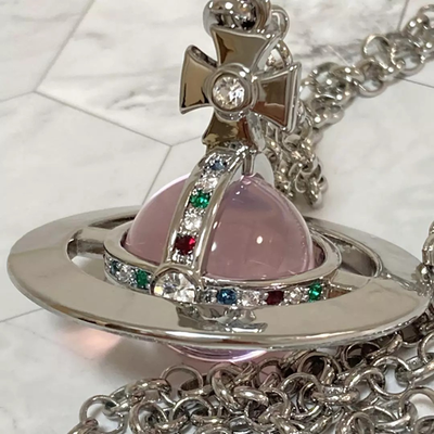 Vivienne Westwood Small Orb Necklace, Silver,Pink Pendant, Multi-Stone, 4.5cmTop