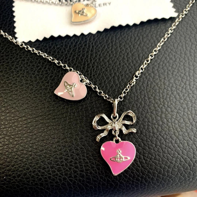 Vivienne Westwood Ribbon Orb Necklace Long Heart Silver Pink Chain 90cm Boxed