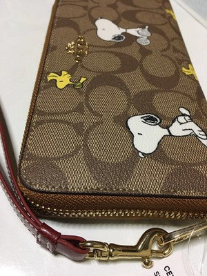 COACH PEANUTS Long Zip around Wallet Snoopy Woodstock Khaki Signature