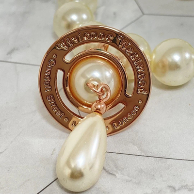 Vivienne Westwood 3-strand necklace, orb motif, drop pearl, pink gold, total49cm