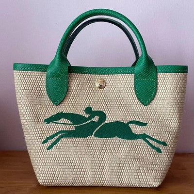 Longchamp S size Tote Bag Hand bag Top Handle Bags Green Leather Cotton