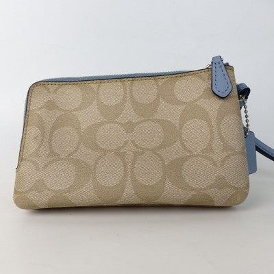 Coach Signature Brown Double Zip Pouch Hand bag Sky Blue Leather Women's