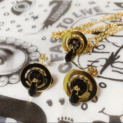 Vivienne Westwood Crystal Drop Earrings Petit Orb Necklace Set Black Gold No box