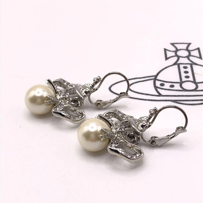 Vivienne Westwood Orb Earrings, Silver Ribbon, White Pearl, 2.1 x 3.5cm, No Box