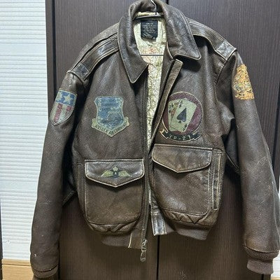 AVIREX TYPE A-2 Leather Jacket flight jacket embroidered patches S Brown