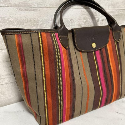 Longchamp Tote Bag Handbag canvas bag leather bag stripes Women's Bag
