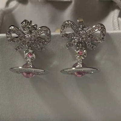 Vivienne Westwood Ribbon Chief Earrings Stone Orb Silver Pink Box included