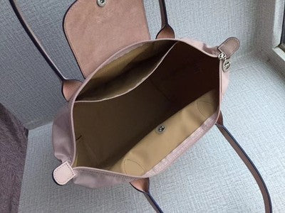 Longchamp S-L size Tote Bag Handbag nylon bag Pink Beige/AUBEPINE Leather