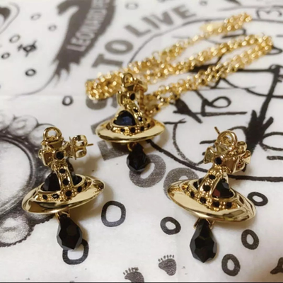 Vivienne Westwood Crystal Drop Earrings Petit Orb Necklace Set Black Gold No box