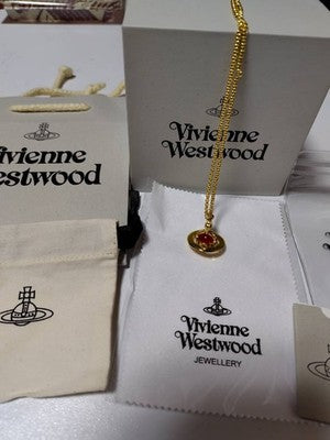 Vivienne Westwood Tiny Orb Gold Red Stone Pendant Necklace, Chain Length: 47.0cm