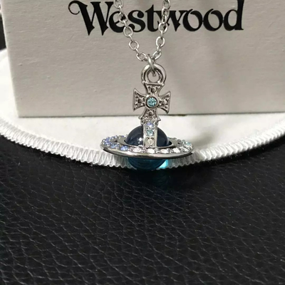Vivienne Westwood Necklace Silver/Blue Gradient Tiny Orb Pendant with 40cm Chain