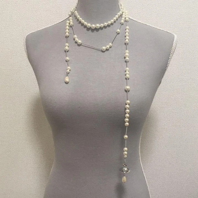 Vivienne Westwood Broken Pearl Necklace Silver Engraved Accessories included