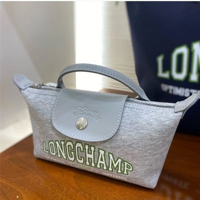 Longchamp S size Tote Bag Hand bag Handle Bag Pouch Gray Cotton Leather