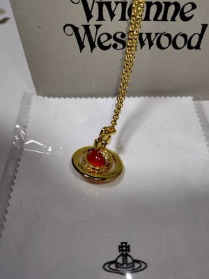 Vivienne Westwood Tiny Orb Gold Red Stone Pendant Necklace, Chain Length: 47.0cm